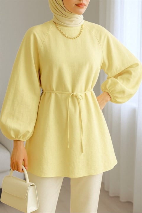 Yuvarlak Yaka Beli Bağcıklı Balon Kol Tunik  -Açık Sarı-Tunik-223-3001-R75