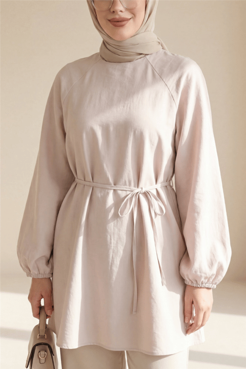 Yuvarlak Yaka Beli Bağcıklı Balon Kol Tunik  -Taş-Tunik-223-3001-R43