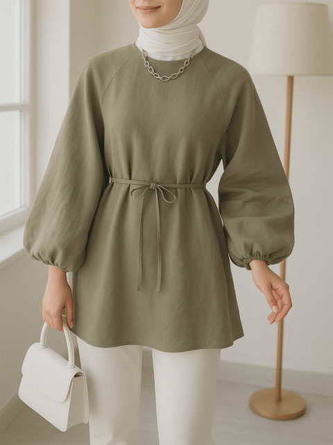 Yuvarlak Yaka Beli Bağcıklı Balon Kol Tunik  -Zeytin-Tunik-223-3001-R59