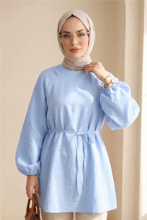 Yuvarlak Yaka Beli Bağcıklı Balon Kol Tunik  -Bebe Mavi-Tunik-223-3001-R32