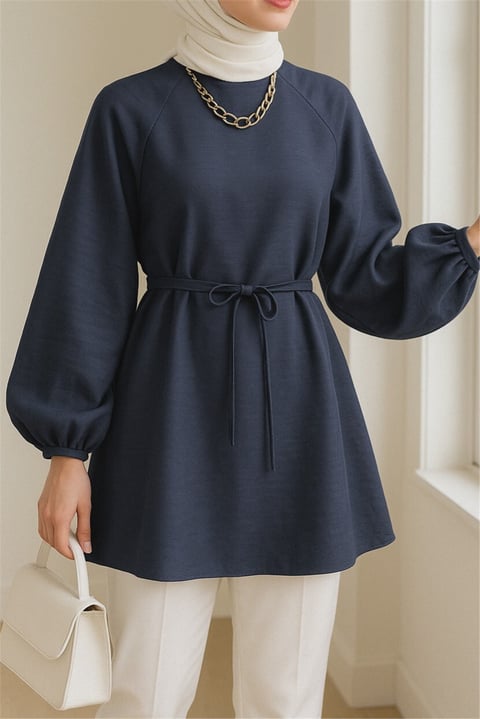 Yuvarlak Yaka Beli Bağcıklı Balon Kol Tunik  -Parlement-Tunik-223-3001-R61
