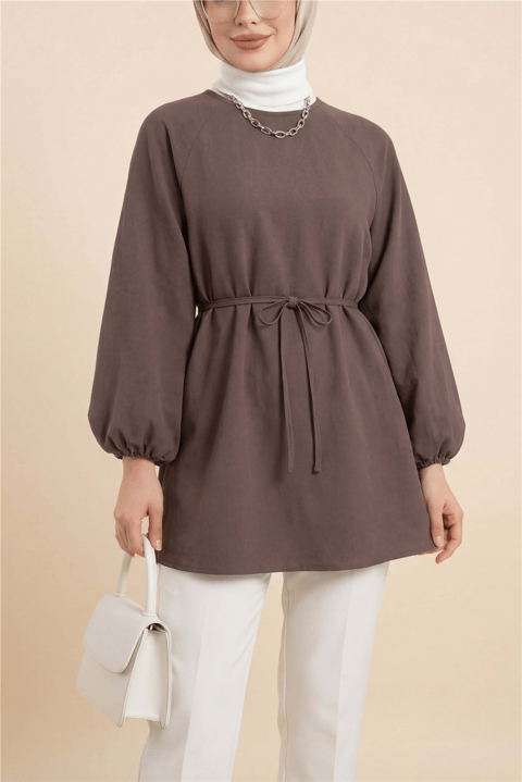Yuvarlak Yaka Beli Bağcıklı Balon Kol Tunik  -Açık Kahve-Tunik-223-3001-R76
