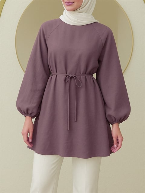 Yuvarlak Yaka Beli Bağcıklı Balon Kol Tunik  -Vişne-Tunik-223-3001-R44