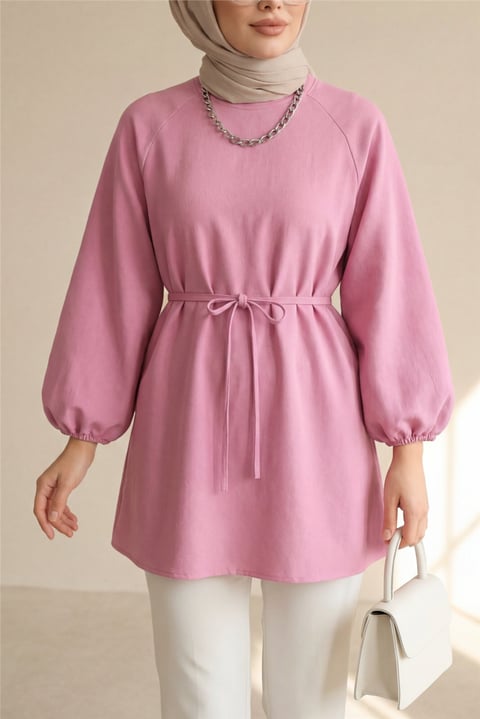Yuvarlak Yaka Beli Bağcıklı Balon Kol Tunik  -Pembe-Tunik-223-3001-R20
