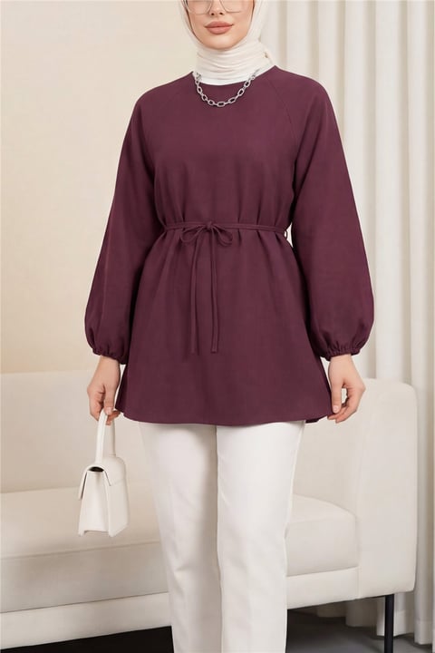 Yuvarlak Yaka Beli Bağcıklı Balon Kol Tunik   -Bordo-Tunik-223-3001-R04