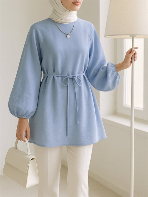 Yuvarlak Yaka Beli Bağcıklı Balon Kol Tunik  -Bebe Mavi-Tunik-223-3001-R32