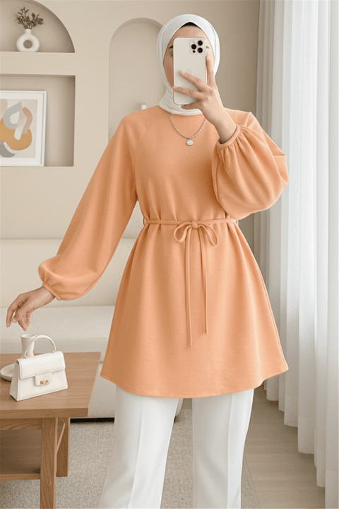 Yuvarlak Yaka Beli Bağcıklı Balon Kol Tunik   -Turuncu-Tunik-223-3001-R16