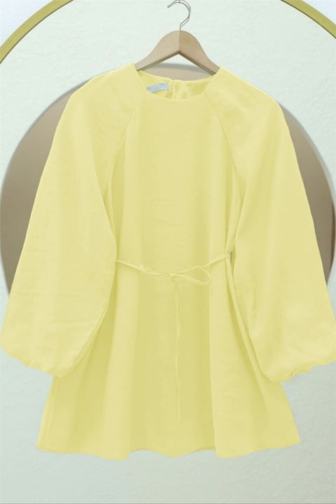 Yuvarlak Yaka Beli Bağcıklı Balon Kol Tunik  -Açık Sarı-Tunik-223-3001-R75