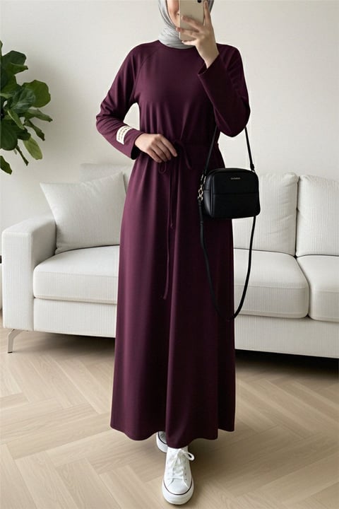 Yuvarlak Yaka Beli Bağlamalı Oysho Elbise -Mürdüm-Elbise-253-13078-R09