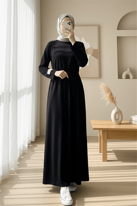 Yuvarlak Yaka Beli Bağlamalı Oysho Elbise -Siyah-Elbise-253-13078-R01