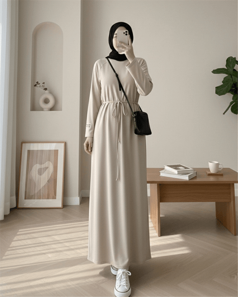 Yuvarlak Yaka Beli Bağlamalı Oysho Elbise -Bej-Elbise-253-13078-R56