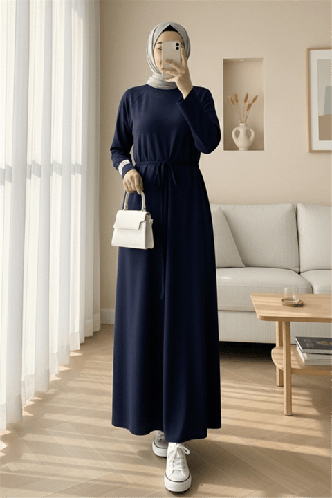 Yuvarlak Yaka Beli Bağlamalı Oysho Elbise -Laci-Elbise-253-13078-R03