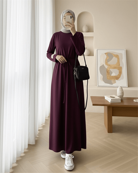 Yuvarlak Yaka Beli Bağlamalı Oysho Elbise -Mürdüm-Elbise-253-13078-R09