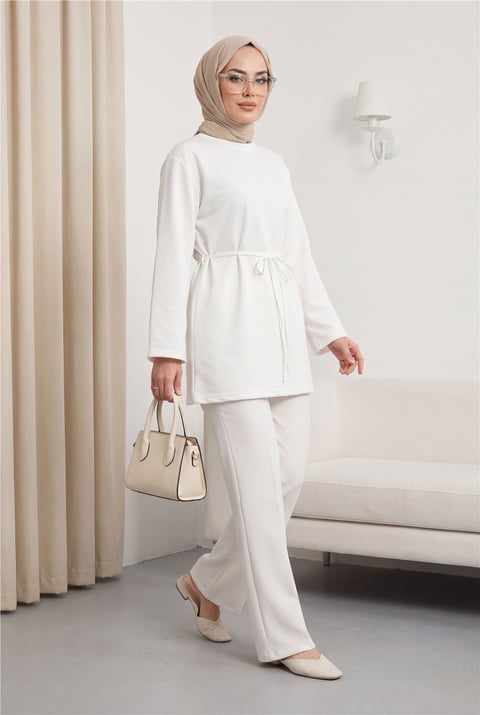 Yuvarlak Yaka Beli Bağlamalı Penye Tunik -Beyaz-Tunik-253-13071-R02