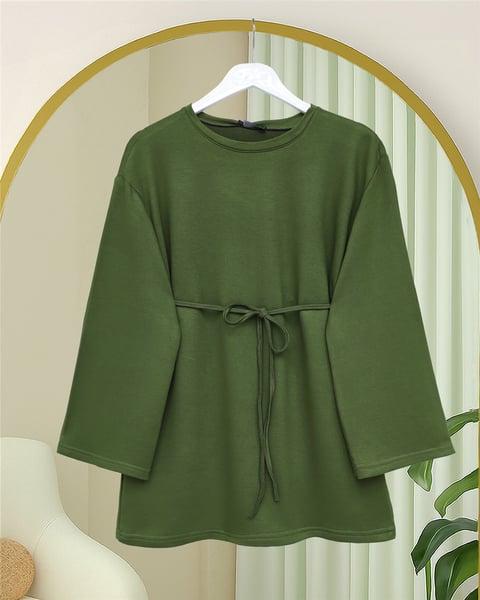 Yuvarlak Yaka Beli Bağlamalı Penye Tunik -Haki-Tunik-253-13071-R05