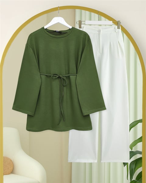 Yuvarlak Yaka Beli Bağlamalı Penye Tunik -Haki-Tunik-253-13071-R05
