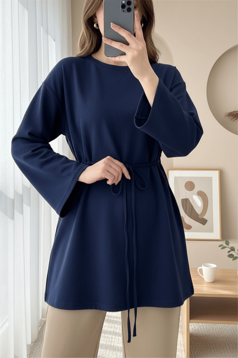 Yuvarlak Yaka Beli Bağlamalı Penye Tunik -Laci-Tunik-253-13071-R03