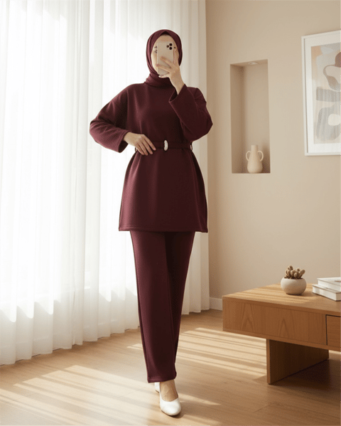 Yuvarlak Yaka Beli Kemerli Scuba Takım -Bordo-Takım-120-6363-R04