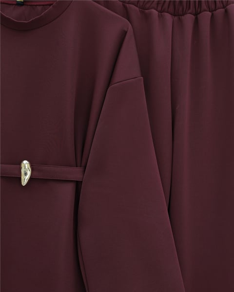 Yuvarlak Yaka Beli Kemerli Scuba Takım -Bordo-Takım-120-6363-R04