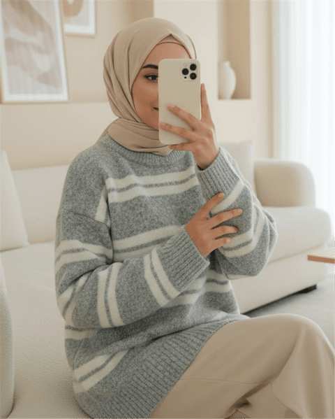 Yuvarlak Yaka Çizgili Yumoş Triko Kazak -Gri-Kazak-357-7016-R11