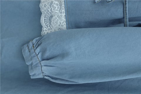Yuvarlak Yaka Dantel Detaylı Kemerli  Düğmeli Etekli Kot Takım  -Buz Mavi-Takım-349-4056-R37
