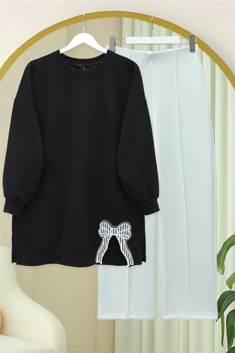 Yuvarlak Yaka Eteği Fiyonk Detaylı  Salaş Penye Tunik -Siyah-Tunik-349-7095-R01
