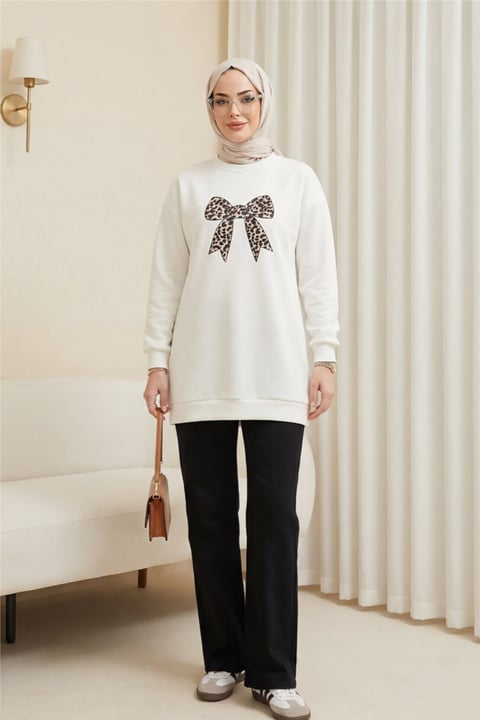 Yuvarlak Yaka Fiyonk Baskılı Salaş Oyşo Tunik -Ekru-Tunik-349-8059-R07