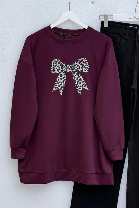 Yuvarlak Yaka Fiyonk Baskılı Salaş Oyşo Tunik -Mürdüm-Tunik-349-8059-R09