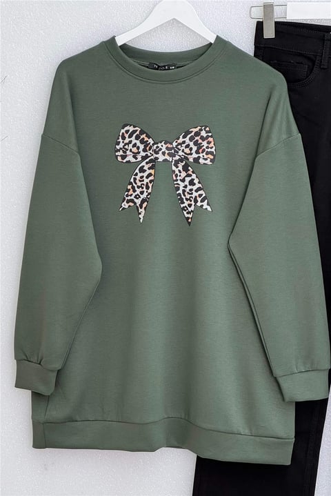 Yuvarlak Yaka Fiyonk Baskılı Salaş Oyşo Tunik -Haki-Tunik-349-8059-R05