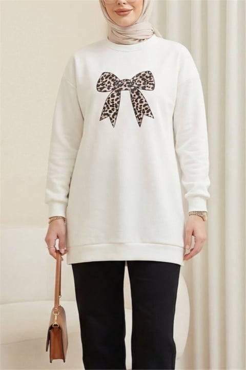 Yuvarlak Yaka Fiyonk Baskılı Salaş Oyşo Tunik -Ekru-Tunik-349-8059-R07