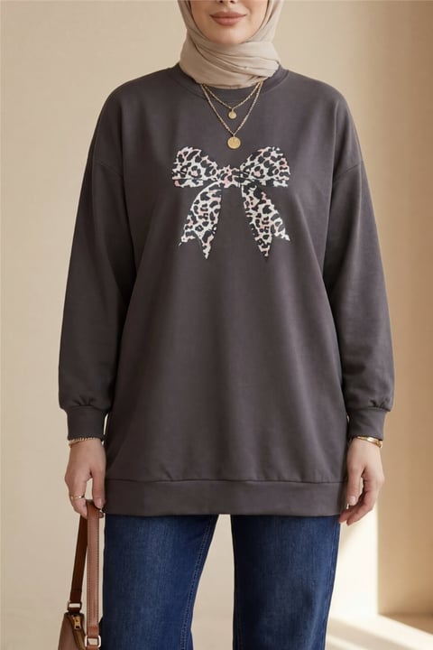 Yuvarlak Yaka Fiyonk Baskılı Salaş Oyşo Tunik -Kahve-Tunik-349-8059-R15