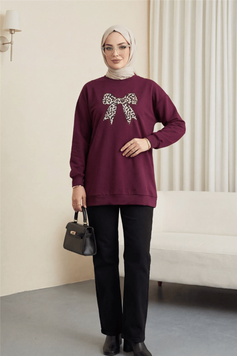 Yuvarlak Yaka Fiyonk Baskılı Salaş Oyşo Tunik -Mürdüm-Tunik-349-8059-R09