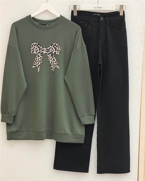 Yuvarlak Yaka Fiyonk Baskılı Salaş Oyşo Tunik -Haki-Tunik-349-8059-R05