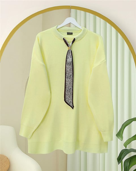Yuvarlak Yaka Fularlı Salaş Triko Tunik -Açık Sarı-Kazak-109-9776-R75
