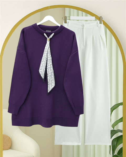 Yuvarlak Yaka Fularlı Salaş Triko Tunik -Mor-Kazak-109-9776-R34