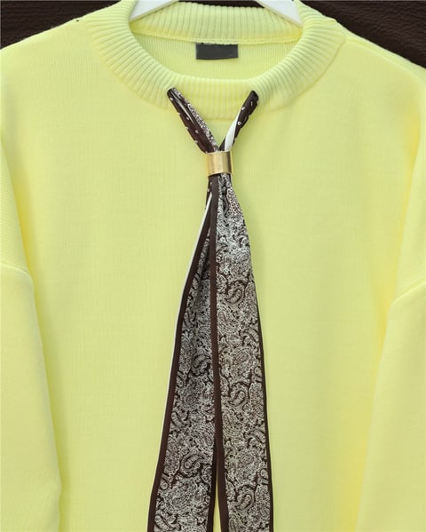 Yuvarlak Yaka Fularlı Salaş Triko Tunik -Açık Sarı-Kazak-109-9776-R75