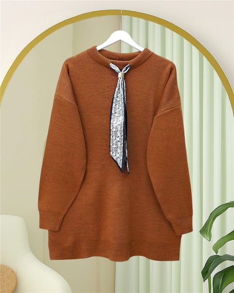 Yuvarlak Yaka Fularlı Salaş Triko Tunik -Kiremit-Kazak-109-9776-R30