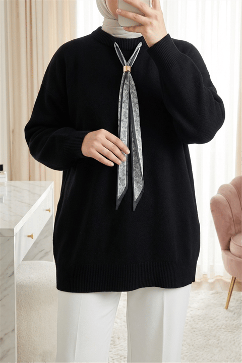Yuvarlak Yaka Fularlı Salaş Triko Tunik    -Siyah-Kazak-109-9776-R01