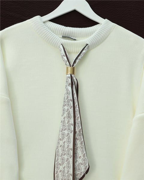 Yuvarlak Yaka Fularlı Salaş Triko Tunik -Ekru-Kazak-109-9776-R07