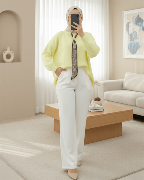 Yuvarlak Yaka Fularlı Salaş Triko Tunik -Açık Sarı-Kazak-109-9776-R75