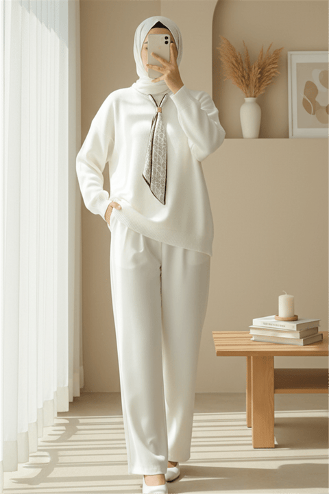 Yuvarlak Yaka Fularlı Salaş Triko Tunik -Ekru-Kazak-109-9776-R07