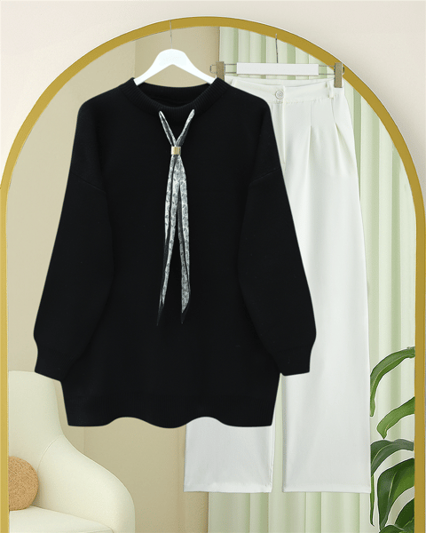 Yuvarlak Yaka Fularlı Salaş Triko Tunik    -Siyah-Kazak-109-9776-R01