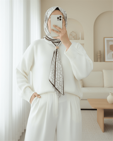 Yuvarlak Yaka Fularlı Salaş Triko Tunik -Ekru-Kazak-109-9776-R07