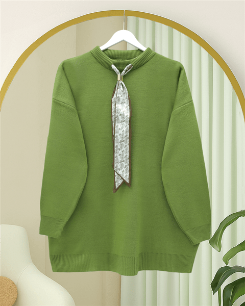 Yuvarlak Yaka Fularlı Salaş Triko Tunik  -F.Yeşili-Kazak-109-9776-R67