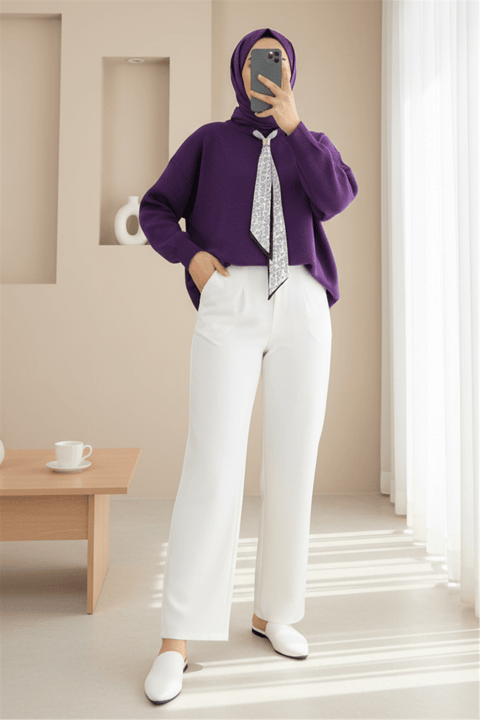 Yuvarlak Yaka Fularlı Salaş Triko Tunik -Mor-Kazak-109-9776-R34