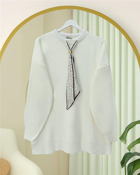 Yuvarlak Yaka Fularlı Salaş Triko Tunik -Ekru-Kazak-109-9776-R07