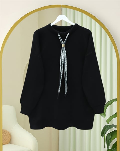 Yuvarlak Yaka Fularlı Salaş Triko Tunik    -Siyah-Kazak-109-9776-R01