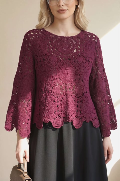 Yuvarlak Yaka İspanyol Kol Triko Bluz -Bordo-Bluz-364-2127-R04