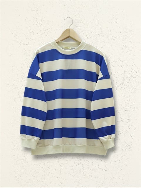 رقبة دائرية سميكة مخططة كبيرة الحجم - ساكس-Sweatshirt-349-6032-R10