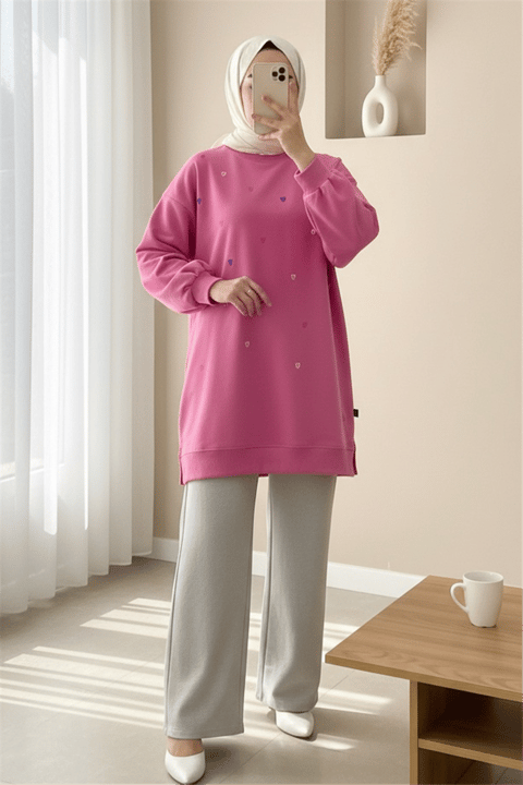 Yuvarlak Yaka Kalp Desenli Penye Tunik  -Pembe-Tunik-349-7090-R20